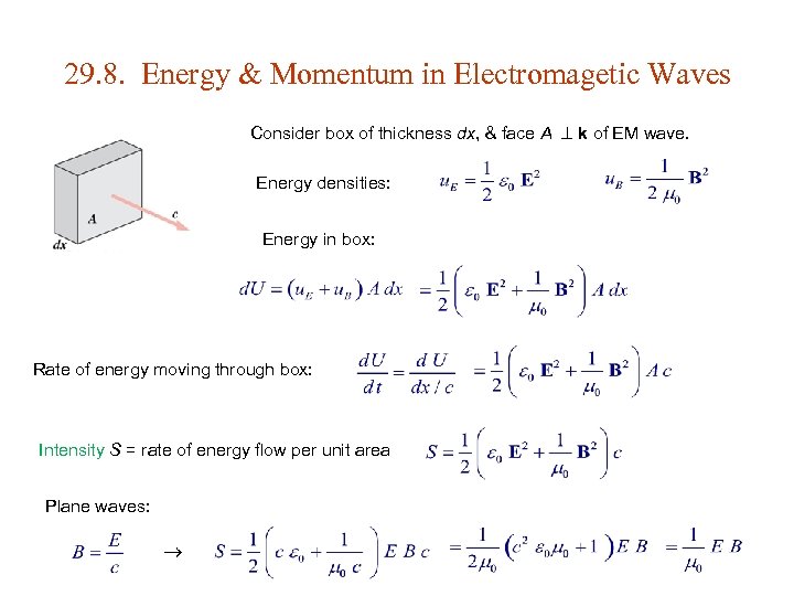 29. 8. Energy & Momentum in Electromagetic Waves Consider box of thickness dx, &