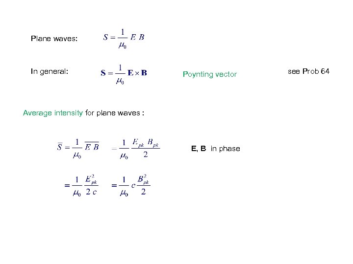 Plane waves: In general: Poynting vector Average intensity for plane waves : E, B