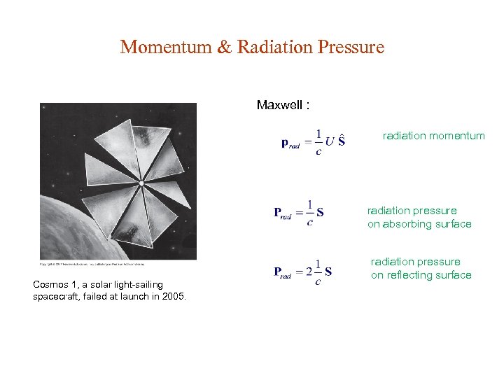 Momentum & Radiation Pressure Maxwell : radiation momentum radiation pressure on absorbing surface Cosmos
