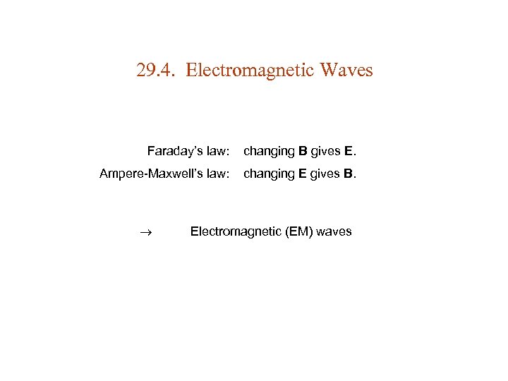 29. 4. Electromagnetic Waves Faraday’s law: changing B gives E. Ampere-Maxwell’s law: changing E