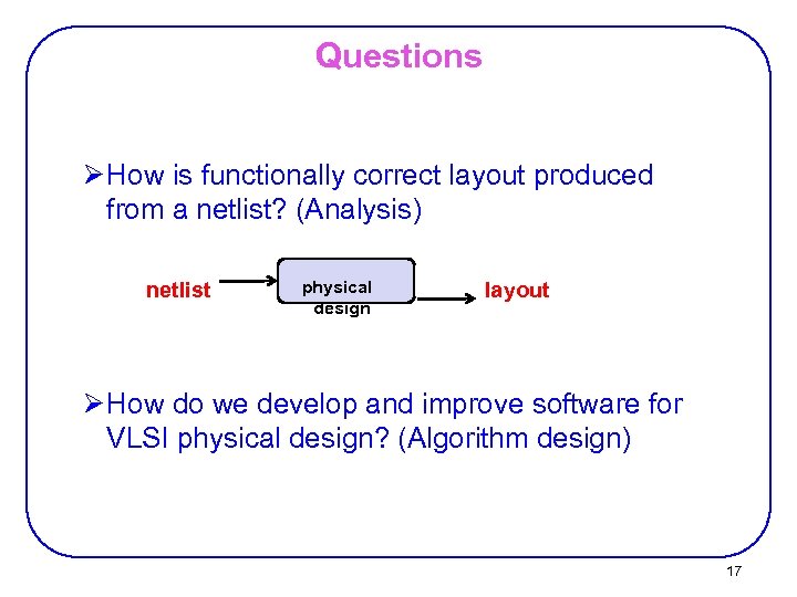 Questions Ø How is functionally correct layout produced from a netlist? (Analysis) netlist physical