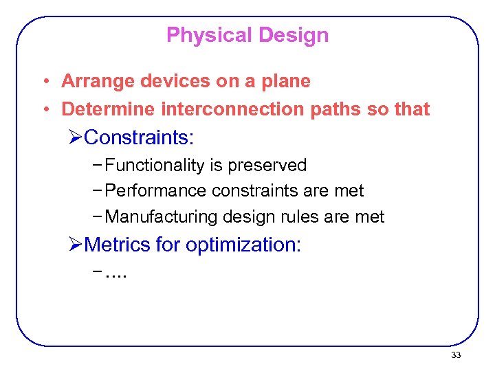 Physical Design • Arrange devices on a plane • Determine interconnection paths so that