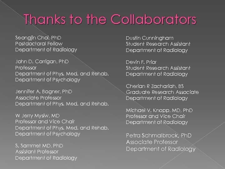 Thanks to the Collaborators Seongjin Choi, Ph. D Postdoctoral Fellow Department of Radiology John