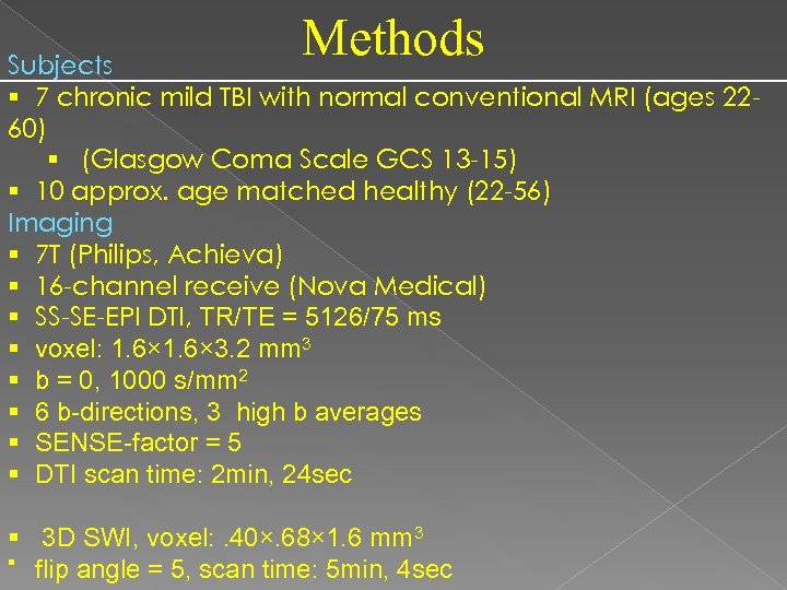 Methods Subjects § 7 chronic mild TBI with normal conventional MRI (ages 2260) §