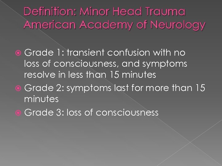 Definition: Minor Head Trauma American Academy of Neurology Grade 1: transient confusion with no