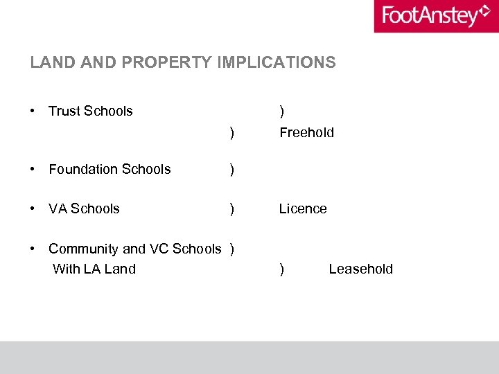 LAND PROPERTY IMPLICATIONS • Trust Schools ) ) • Foundation Schools ) • VA