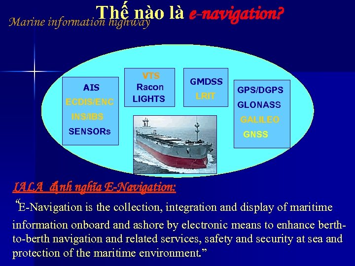 Thế nào Marine information highway là e-navigation? AIS ECDIS/ENC VTS Racon LIGHTS INS/IBS SENSORs