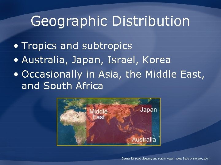 Geographic Distribution • Tropics and subtropics • Australia, Japan, Israel, Korea • Occasionally in