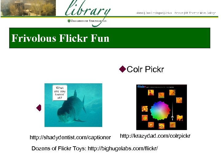 Frivolous Flickr Fun u. Colr Pickr u. Captioner! http: //shadydentist. com/captioner http: //krazydad. com/colrpickr