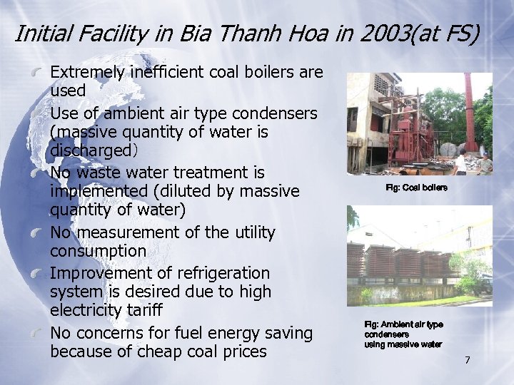 Initial Facility in Bia Thanh Hoa in 2003(at FS) Extremely inefficient coal boilers are