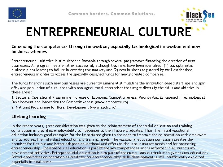 ENTREPRENEURIAL CULTURE Enhancing the competence through innovation, especially technological innovation and new business schemes