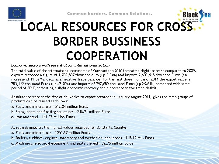 LOCAL RESOURCES FOR CROSS BORDER BUSSINESS COOPERATION Economic sectors with potential for internationalization The