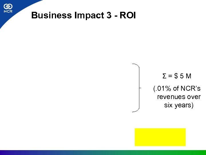 Business Impact 3 - ROI Σ=$5 M (. 01% of NCR’s revenues over six