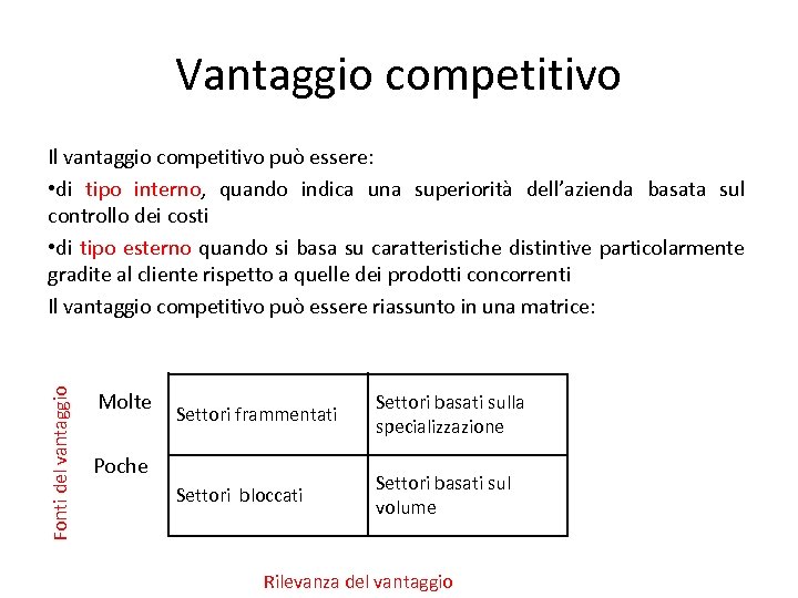 Vantaggio competitivo Fonti del vantaggio Il vantaggio competitivo può essere: • di tipo interno,