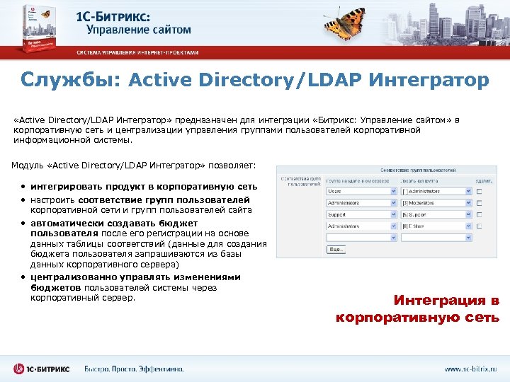 Службы: Active Directory/LDAP Интегратор «Active Directory/LDAP Интегратор» предназначен для интеграции «Битрикс: Управление сайтом» в