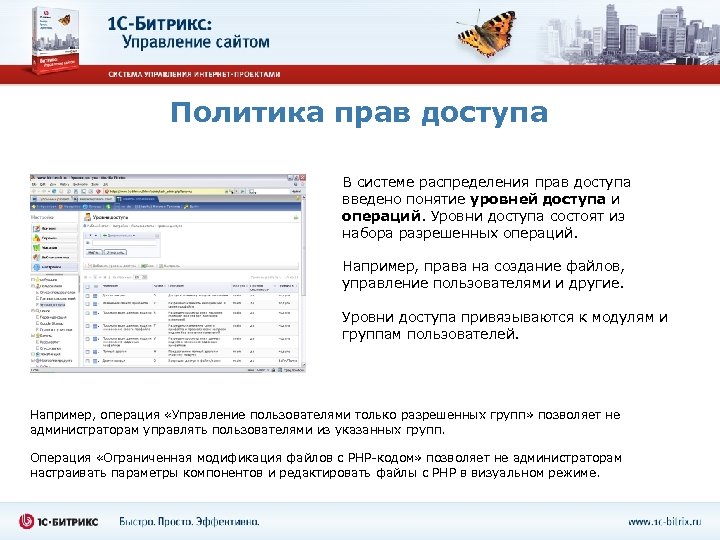Политика прав доступа В системе распределения прав доступа введено понятие уровней доступа и операций.