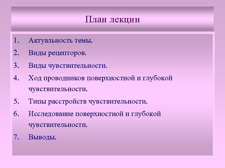 План лекции 1. Актуальность темы. 2. Виды рецепторов. 3. Виды чувствительности. 4. Ход проводников