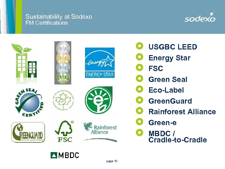 Sustainability at Sodexo FM Certifications £ £ £ £ £ page 10 USGBC LEED
