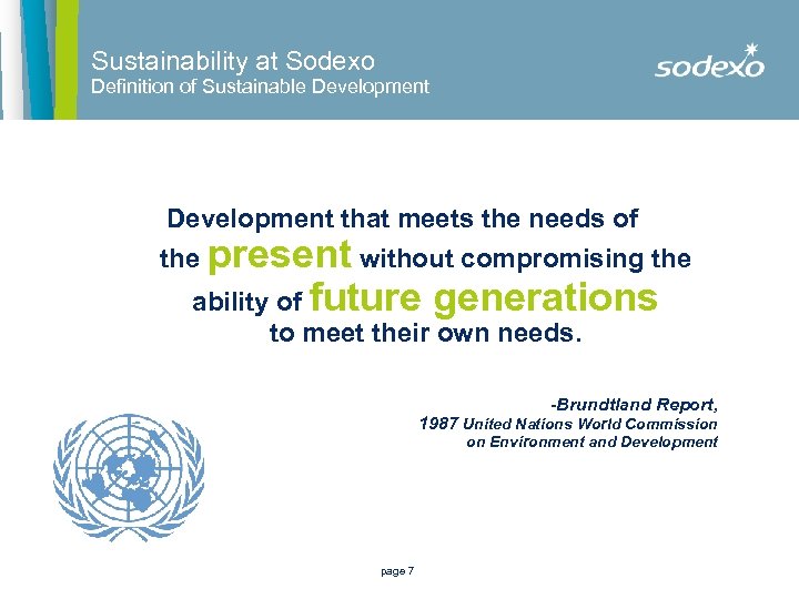 Sustainability at Sodexo Definition of Sustainable Development that meets the needs of the present