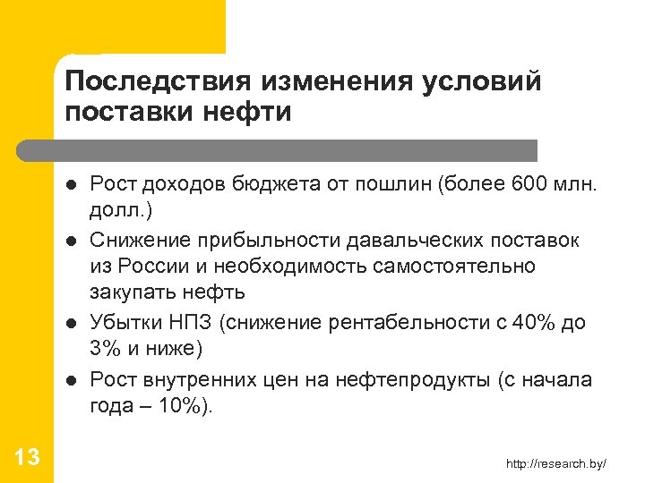 Последствия изменения условий поставки нефти l l 13 Рост доходов бюджета от пошлин (более