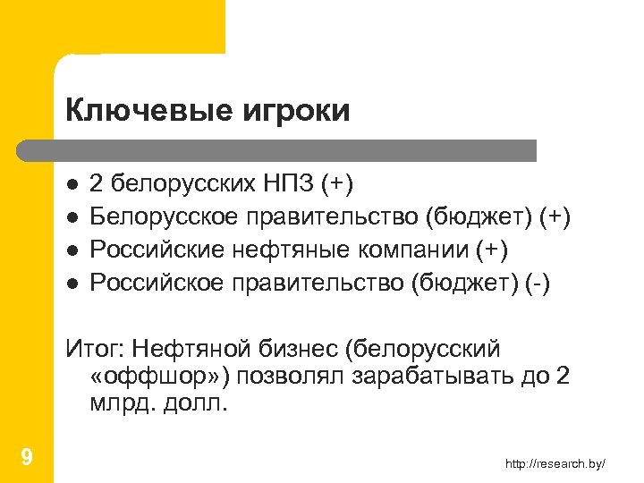 Ключевые игроки l l 2 белорусских НПЗ (+) Белорусское правительство (бюджет) (+) Российские нефтяные