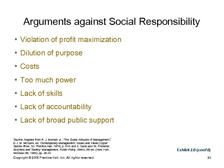 Arguments against Social Responsibility • Violation of profit maximization • Dilution of purpose •