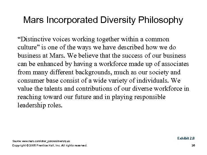 Mars Incorporated Diversity Philosophy “Distinctive voices working together within a common culture” is one