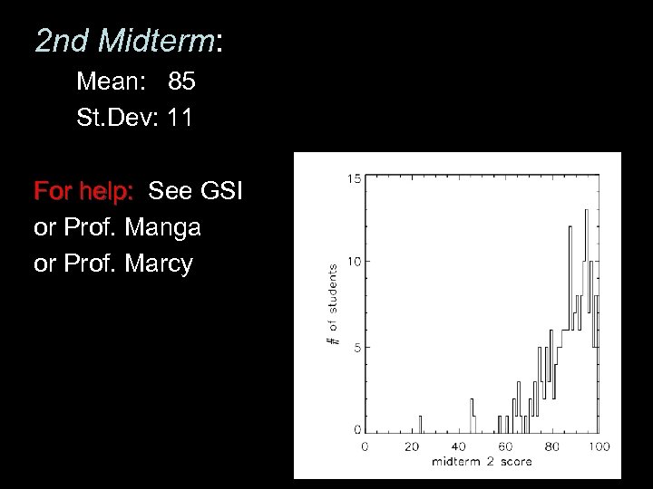 2 nd Midterm: Mean: 85 St. Dev: 11 For help: See GSI For help: