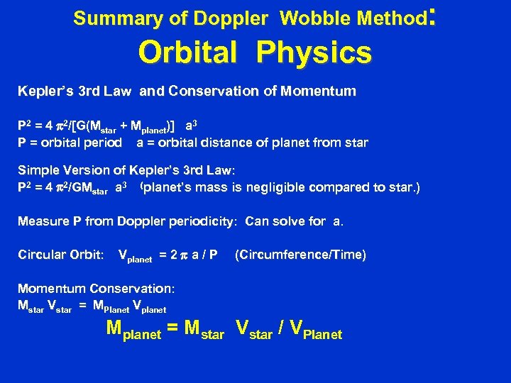 Summary of Doppler Wobble Method: Orbital Physics Kepler’s 3 rd Law and Conservation of