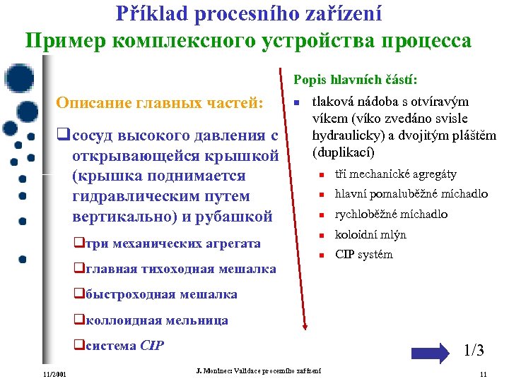 Příklad procesního zařízení Пример комплексного устройства процесса Popis hlavních částí: Описание главных частей: q