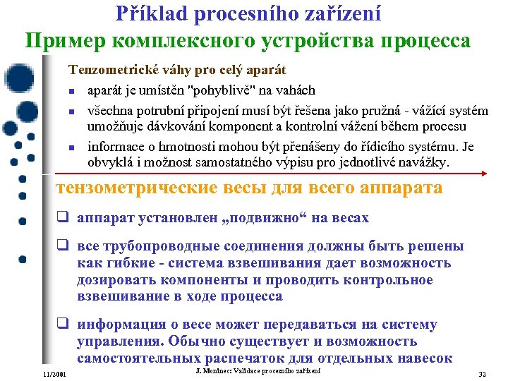 Příklad procesního zařízení Пример комплексного устройства процесса Tenzometrické váhy pro celý aparát n aparát