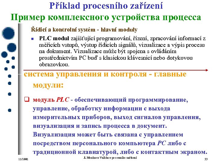 Příklad procesního zařízení Пример комплексного устройства процесса Řídicí a kontrolní systém - hlavní moduly