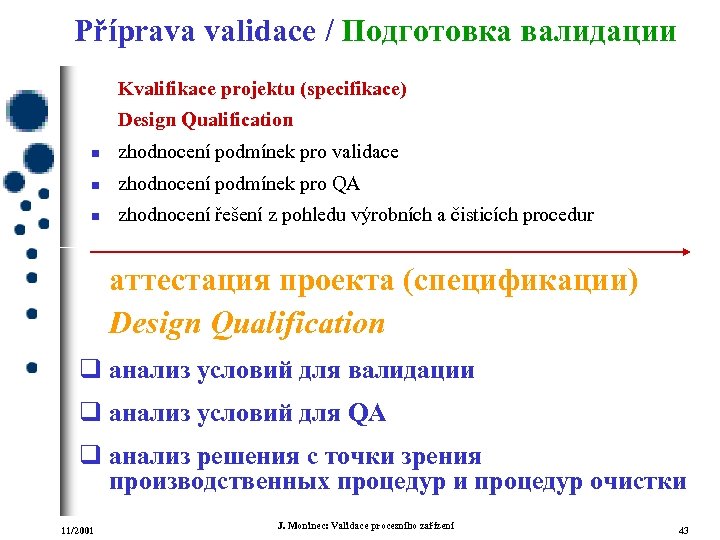 Příprava validace / Подготовка валидации Kvalifikace projektu (specifikace) Design Qualification n zhodnocení podmínek pro