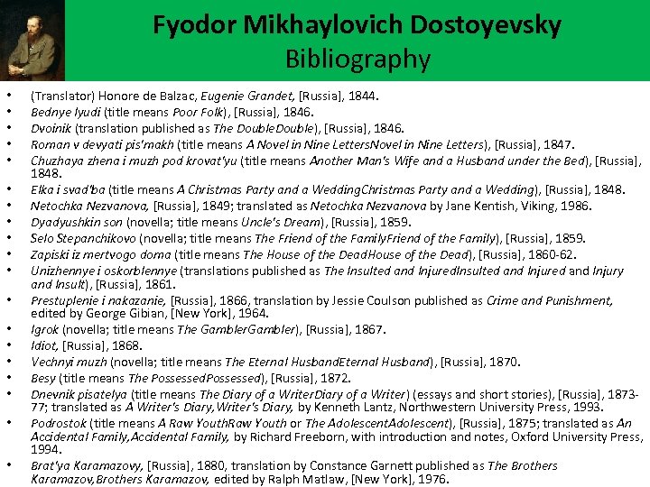 Fyodor Mikhaylovich Dostoyevsky Bibliography • • • • • (Translator) Honore de Balzac, Eugenie