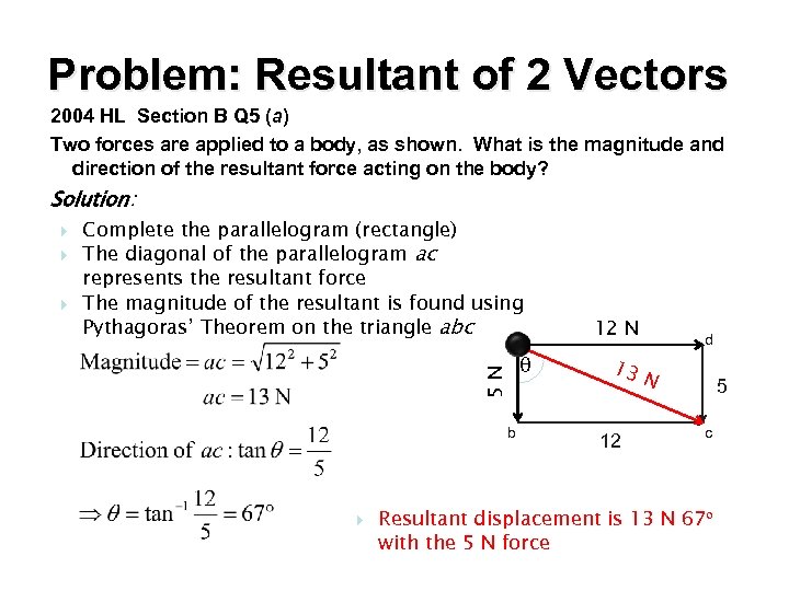 Problem: Resultant of 2 Vectors 2004 HL Section B Q 5 (a) Two forces