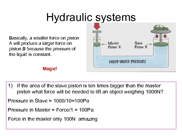 Hydraulic systems Basically, a smaller force on piston A will produce a larger force