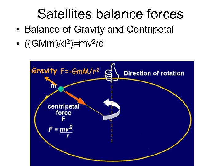 Satellites balance forces • Balance of Gravity and Centripetal • ((GMm)/d 2)=mv 2/d Gravity