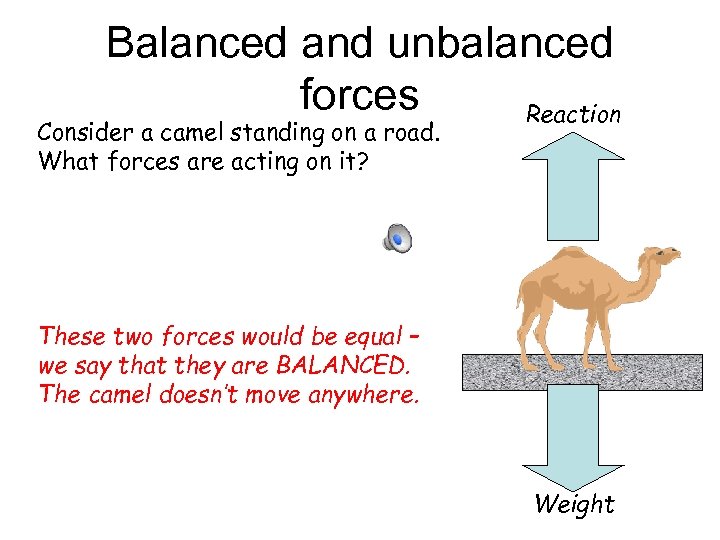 Balanced and unbalanced forces Reaction Consider a camel standing on a road. What forces