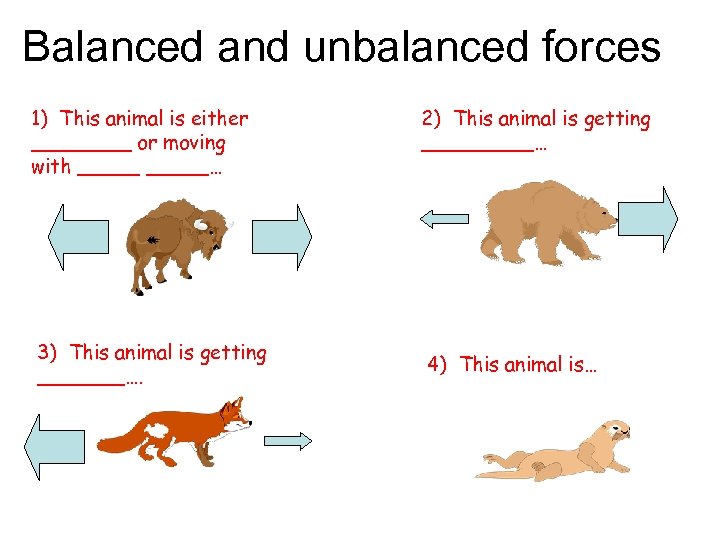 Balanced and unbalanced forces 1) This animal is either ____ or moving with _____…