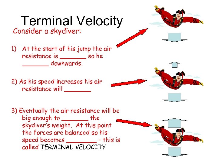 Terminal Velocity Consider a skydiver: 1) At the start of his jump the air