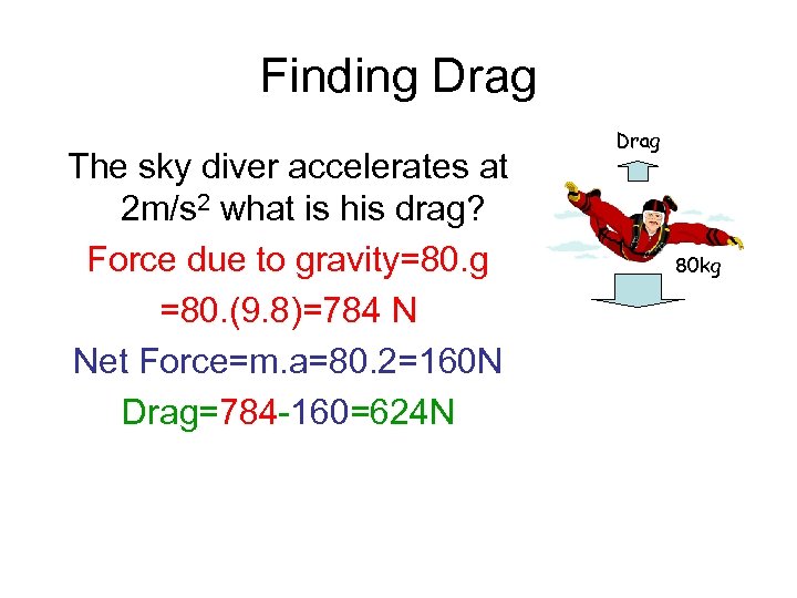 Finding Drag The sky diver accelerates at 2 m/s 2 what is his drag?