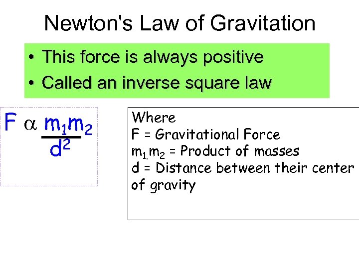 Newton's Law of Gravitation • This force is always positive • Called an inverse