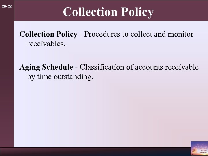 20 - 22 Collection Policy - Procedures to collect and monitor receivables. Aging Schedule