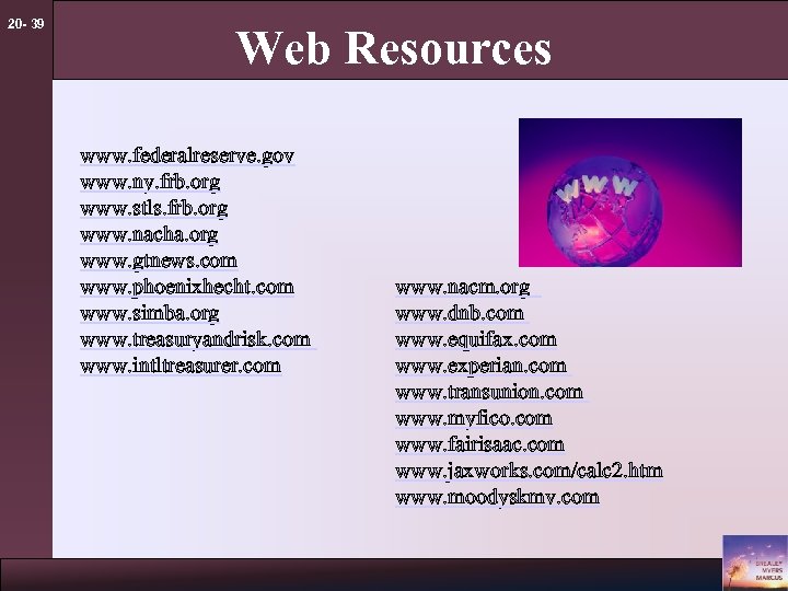 20 - 39 Web Resources www. federalreserve. gov www. ny. frb. org www. stls.