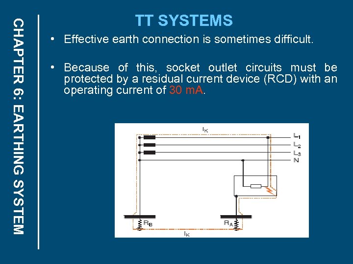 CHAPTER 6: EARTHING SYSTEM TT SYSTEMS • Effective earth connection is sometimes difficult. •