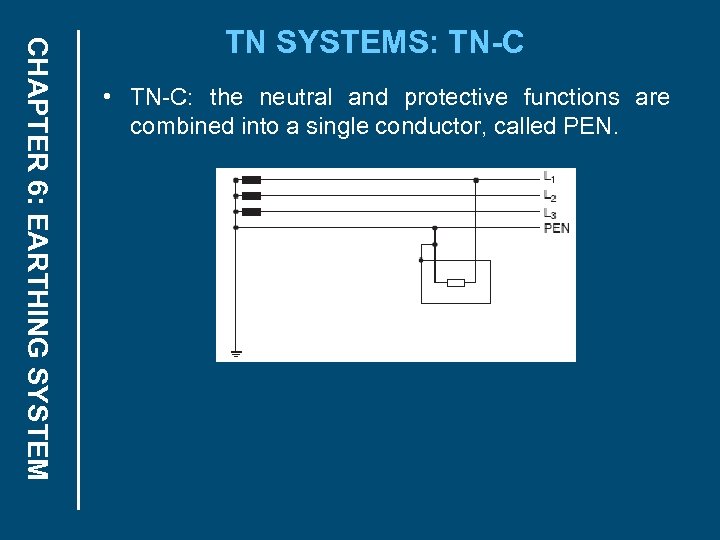 CHAPTER 6: EARTHING SYSTEM TN SYSTEMS: TN-C • TN-C: the neutral and protective functions