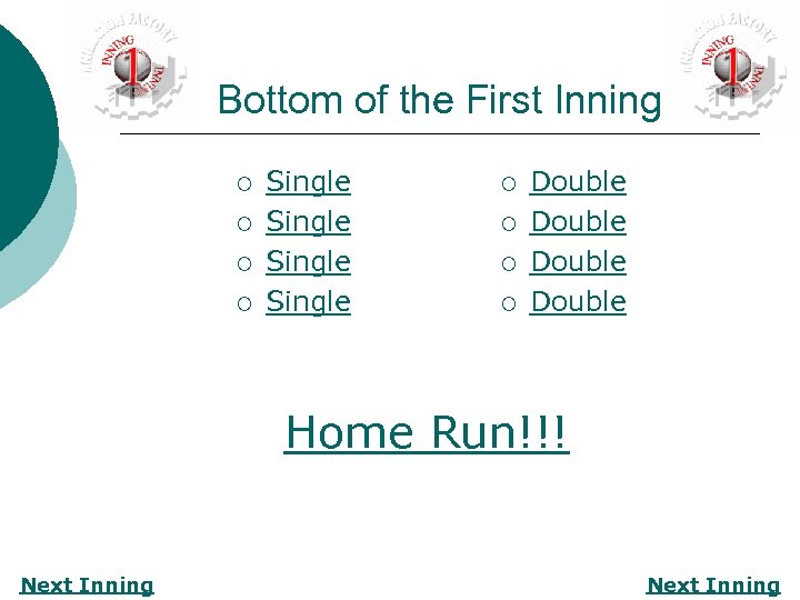 Bottom of the First Inning ¡ ¡ Single ¡ ¡ Double Home Run!!! Next