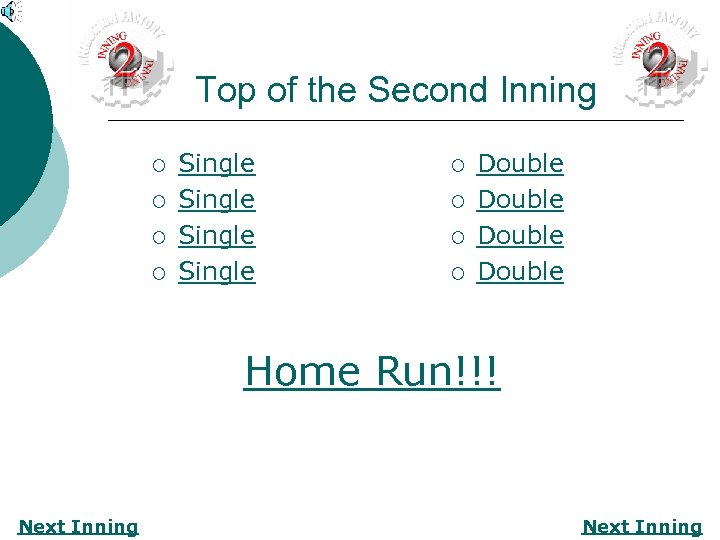 Top of the Second Inning ¡ ¡ Single ¡ ¡ Double Home Run!!! Next