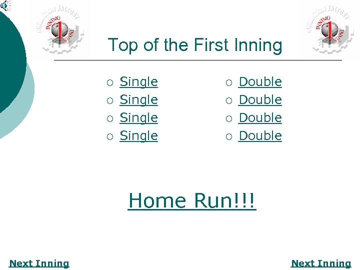 Top of the First Inning ¡ ¡ Single ¡ ¡ Double Home Run!!! Next