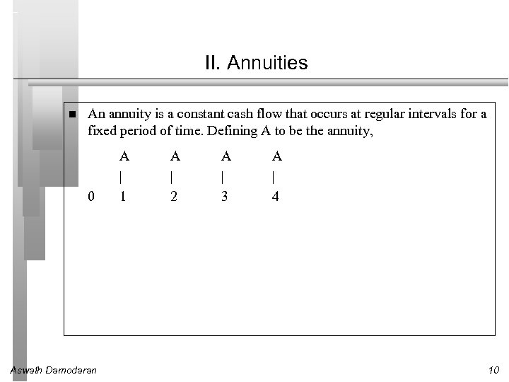 II. Annuities An annuity is a constant cash flow that occurs at regular intervals